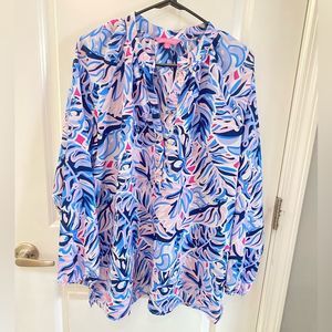 SIMPLY SOUTHERN Blue & Pink Leaf vibrant 1/2 Button Down, Elastic wrist top XL